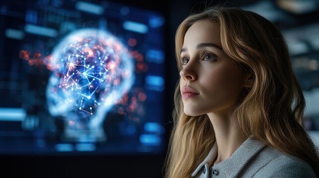 Contemplative Young Woman Gaze at Futuristic Brain Interface Technology Display