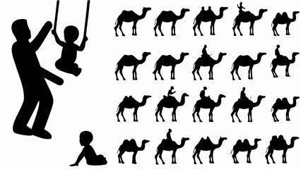 Silhouette of a father pushing a child on a swing with multiple camels in the background image