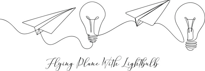 Flying Paper Airplane With Lightbulb Minimalist Business Idea Icon Concept Continuous One Line Drawing
