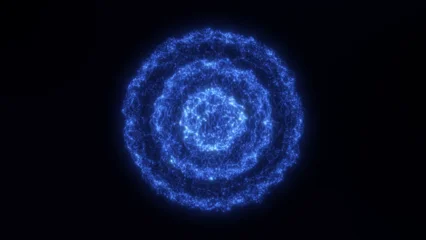 Wandcirkels plexiglas Fractal waves Blue glowing particle wave expanding in concentric rings on dark background. Abstract sci-fi energy explosion with ripple effect and digital fluid motion. Futuristic visualization of power pulse  © Aksver