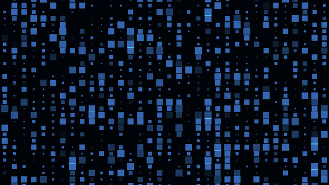 Looped animation of blue glowing squares forming a dynamic digital pattern. Futuristic tech grid background perfect for data visualizations, HUD elements, VJ loops, and UI motion design..