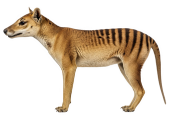 Tasmanian tiger or thylacine, a striped marsupial, standing isolated on transparent background, a symbol of extinction