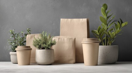 Beige paper bags and cups, plants in pots, on a light table against a gray wall