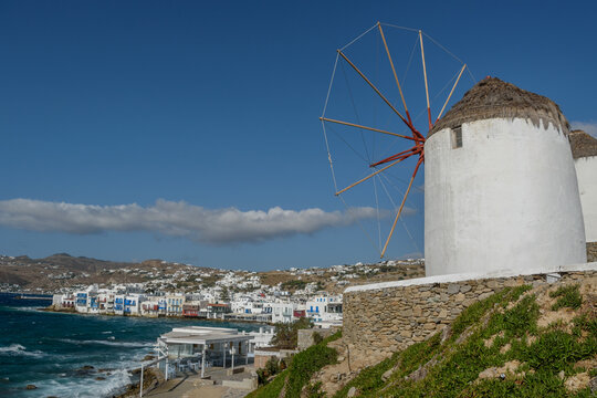 Little Venice waterfront seen from the windmills of Mykonos, Greece