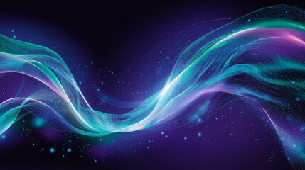 Obraz premium Flowing Glowing Teal and Neon Purple Waveforms on a Dark Background