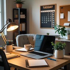 Modern home office workspace with laptop, coffee mug, indoor plant, and bookshelf on a calm Tuesday – cozy, organized, no people, perfect for remote work and productivity themes