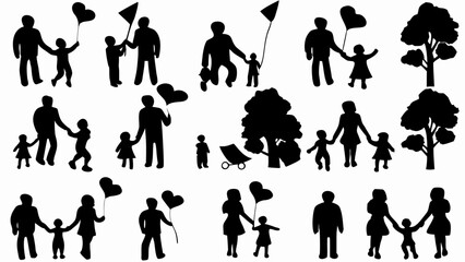 Fototapeta premium Illustration of family silhouettes with parents children balloons kite and trees against a white background