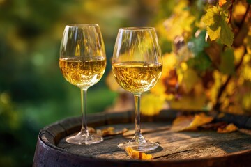 Obraz premium Two glasses of golden wine on a weathered wooden barrel, surrounded by autumn leaves