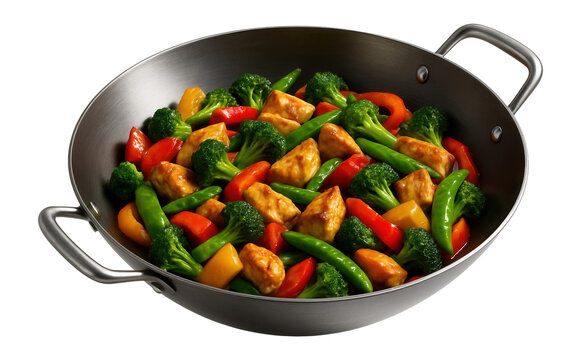 Stir fry dish with broccoli, bell peppers, sugar snap peas, and tofu pieces in a metal wok on transparent background. - Powered by Adobe