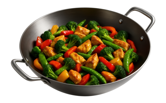 Stir fry dish with broccoli, bell peppers, sugar snap peas, and tofu pieces in a metal wok on transparent background.