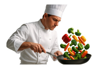 A professional chef in a white uniform skillfully tosses vibrant vegetables in a frying pan on transparent background.