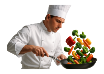 A professional chef in a white uniform skillfully tosses vibrant vegetables in a frying pan on transparent background.