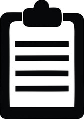 Simple black silhouette icon of a clipboard with lined paper representing tasks notes or documents
