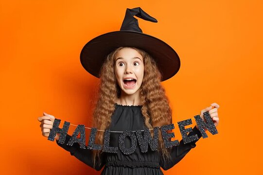 Witch girl with scary orange background. Cute child looking at camera. Pretty little girl in witch costume. Halloween concept