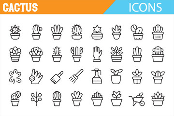 Cactus icons for gardening projects, including pots, plants, and care equipment.