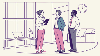 Three business people having a discussion in an office setting with a desk and a clock on the wall