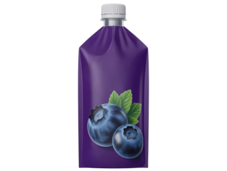 A purple blueberry jam pouch with white cap on transparent background 