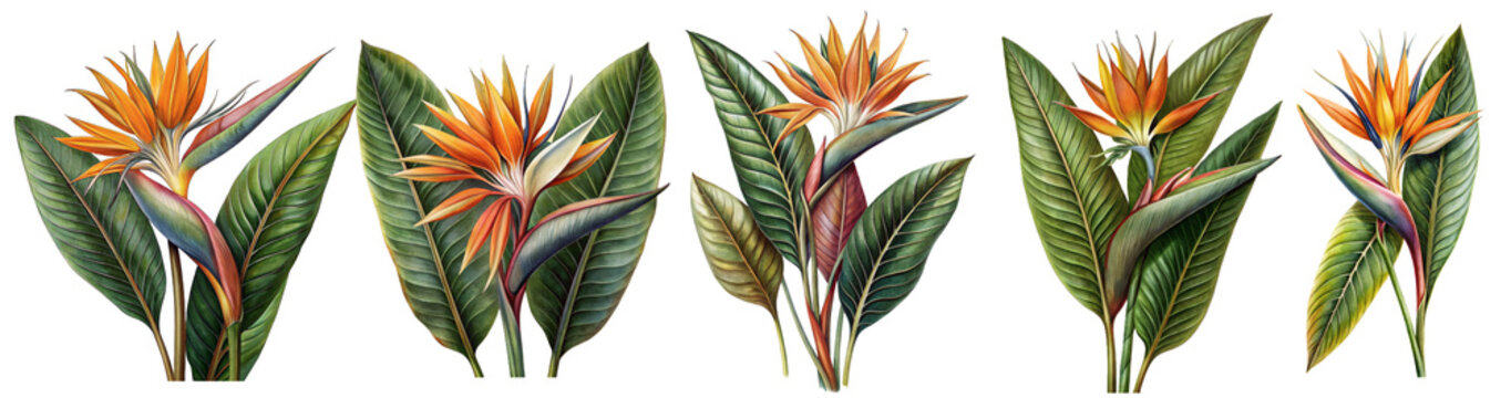 Bird od paradise strelicja flower set off vintage scrapbook illustration for card or invite 