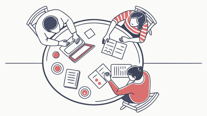 Illustration of three people working around a round table with laptops and documents in a meeting