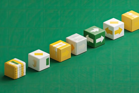 A row of colorful cubes, each with directional arrows, sits on a green surface.  The cubes alternate in color, featuring yellow, white, and green, and the arrows point in different directions