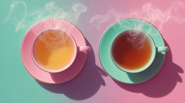 Two Pastel Coffee Cups Placed Side By Side Surrounded By Pink And Blue Colored Smoke: Creating A Dreamlike And Surreal Visual With Warm Tea And Cool Blue Beverage