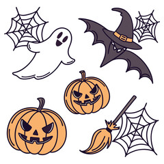 Fototapeta premium Illustration of halloween themed objects including pumpkins ghost bat witch hat broom and spider webs art