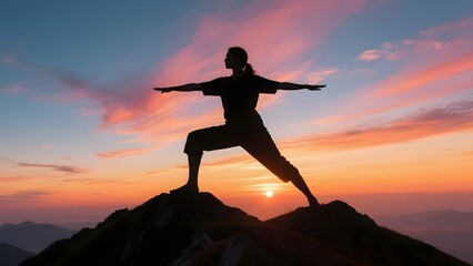 Silhouette of a person practicing yoga on a mountain peak at sunset