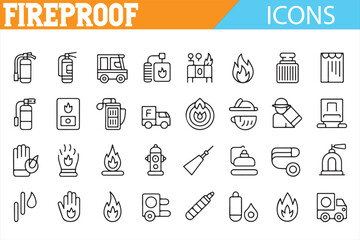 Detailed line icons for fireproof protection, safety gear, and emergency response equipment.