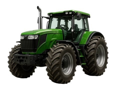 Large green agricultural tractor with oversized tires and detailed cab design on transparent background.