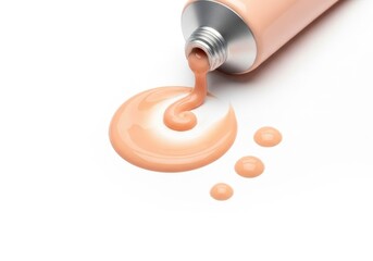 Liquid foundation makeup pouring from a metal cosmetic tube with drops on white background