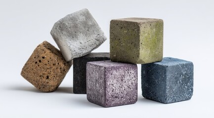 Stacked, textured concrete cubes in various shades