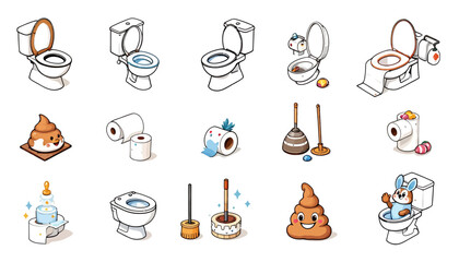 A collection of whimsical vector illustrations showcasing various toilet designs, rolls of toilet paper, plungers, and even a smiling poop character, all rendered in a cute, cartoonish style on a