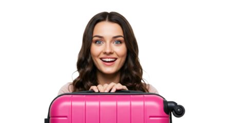 Cheerful woman holding a vibrant pink suitcase png isolated on transparent background