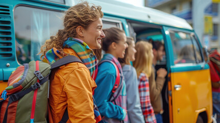 Group of young friends with backpacks ready for a road trip in a vintage van