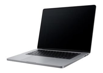 Sleek modern laptop with a large screen and keyboard, featuring a slim design and two USB ports on one side, on transparent background.