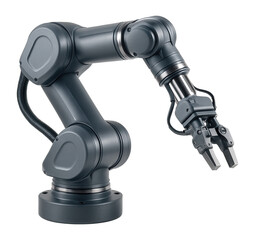 Industrial robotic arm with metal finish and multiple joints for automation and precise handling on transparent background.