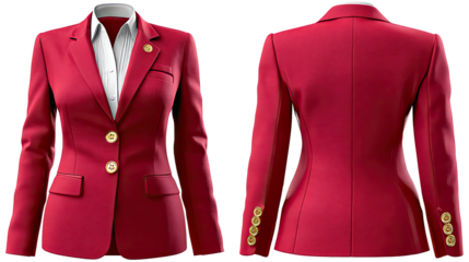 Chic Red Blazer Ensemble: A fashion-forward display showcasing a vibrant red blazer, exuding elegance and style, shot from both front and back, offering a comprehensive view.