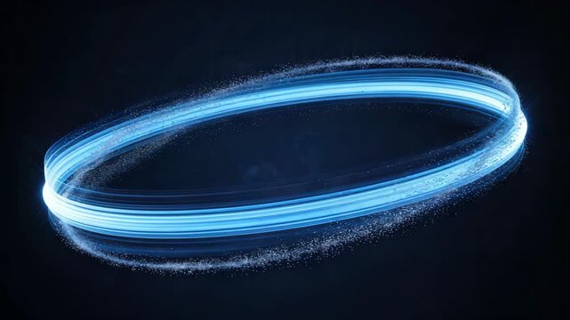 Multiple blue glowing lines rotating and forming an oval shape with particles on a dark background.