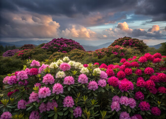 Colorful Rhododendron Flowers in Full Bloom on a Scenic Mountain Landscape
