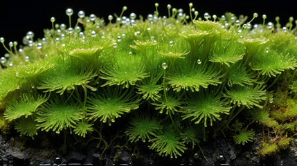 Fototapeta premium Vibrant green moss clings to a dark surface, its slender sporophytes adorned with glistening water pearls
