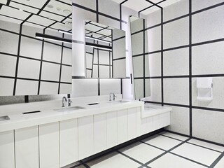A modern public restroom featuring a clean white sink counter, bright lighting, yellow stall doors, and a contemporary geometric interior design with stylish mirrors and tiled walls.