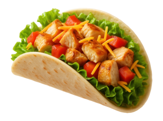 Fresh chicken taco featuring grilled chicken, lettuce, diced tomatoes, and shredded cheese in a soft tortilla shell on transparent background.