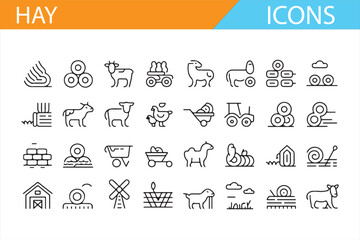 Detailed icons for hay farming, rural life, and farm equipment in line art style.