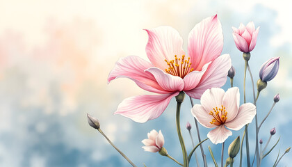 Fototapeta premium Pink and White Flowers Blossoming in Pastel Light Artwork