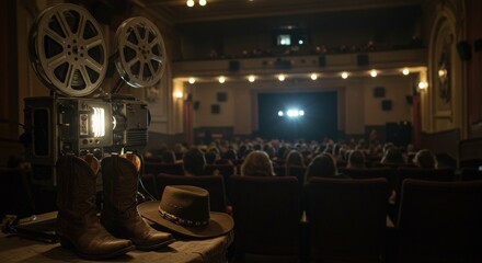 Movie theater, film projector, audience