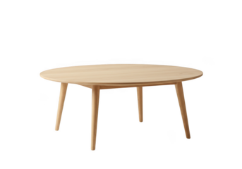 Round wooden coffee table with four legs, isolated on transparent background