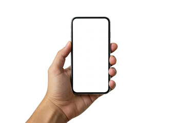 Hand holding a smartphone with a blank white screen, isolated on transparent background