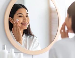 Smiling woman applying face cream while looking in a round mirror