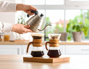 Person pouring hot water into a pour-over coffee brewer in a bright kitchen