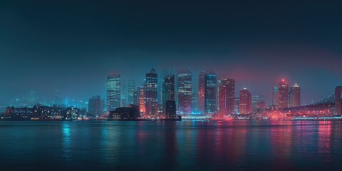 Fototapeta premium Night cityscape skyline, vibrant lights reflecting on water